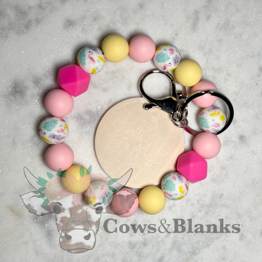 Pink Flamingo Silicone Beaded Stretch Wristlet Bracelet Keychain with Wooden Disc