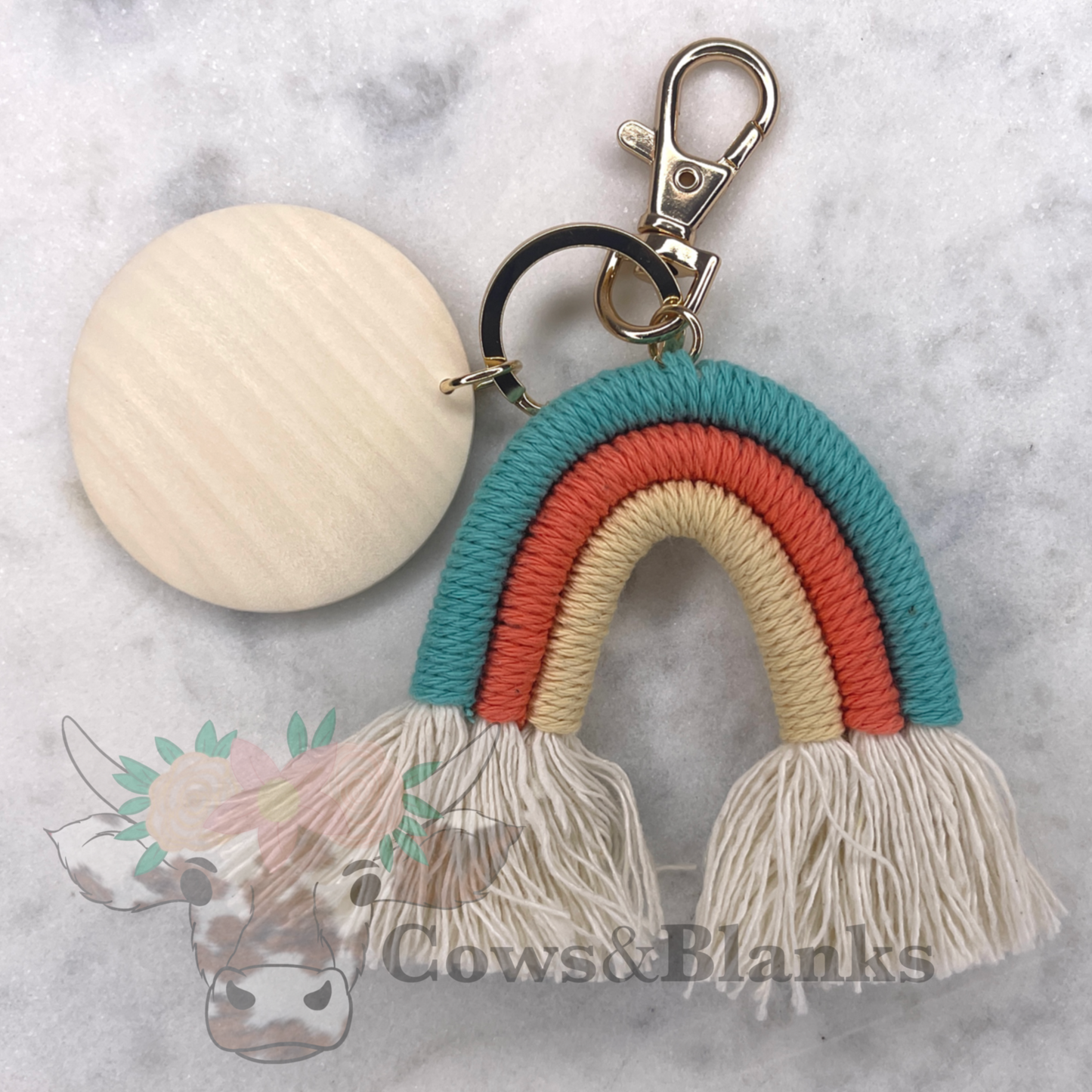 BOHO MACRAME RAINBOW KEYCHAINS WITH A WOODEN DISC