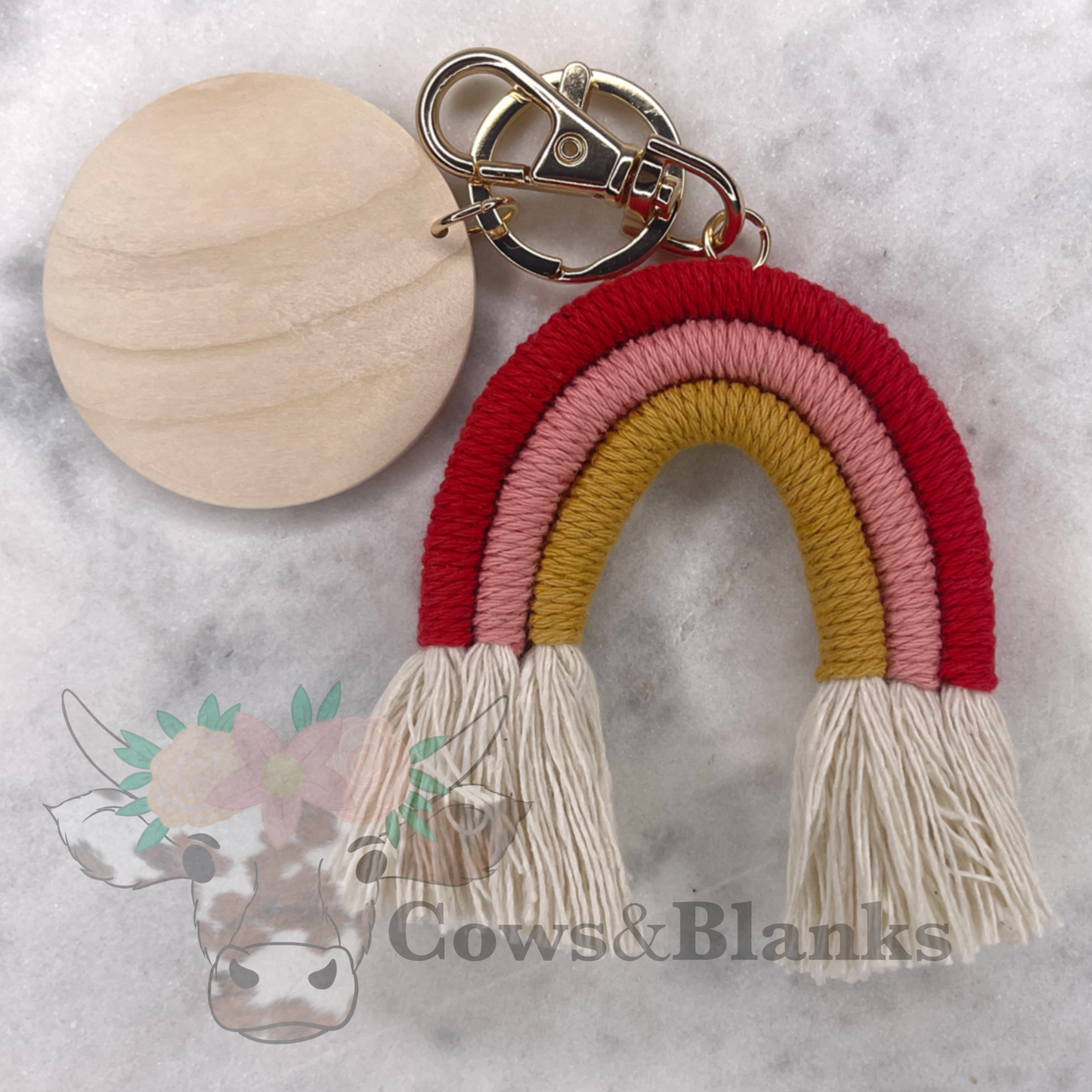 BOHO MACRAME RAINBOW KEYCHAINS WITH A WOODEN DISC