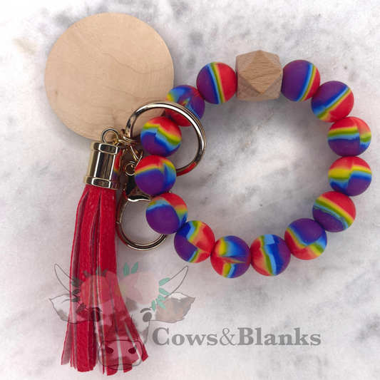 Rainbow Silicone Wristlet Bracelet Keychain with Wooden Disc and Tassel