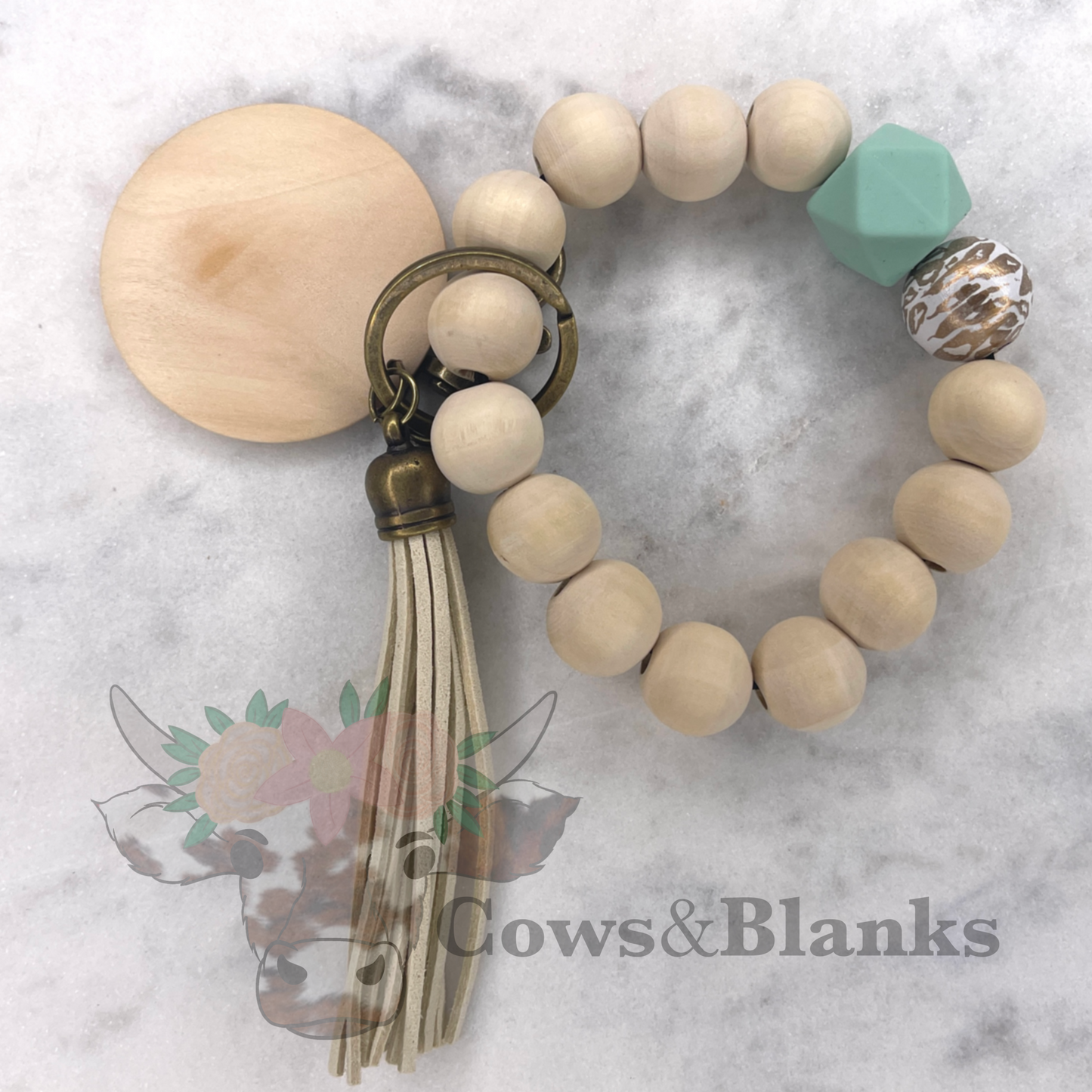 Gold Leopard Wooden Beaded Wristlet Bracelet Keychain