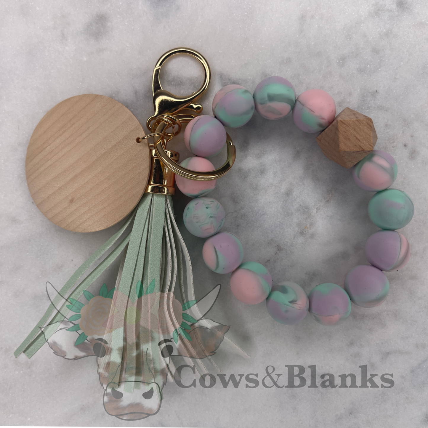 Marbled Ombre Silicone Stretch Wristlet Bracelet Keychain with Wooden Disc and Tassel
