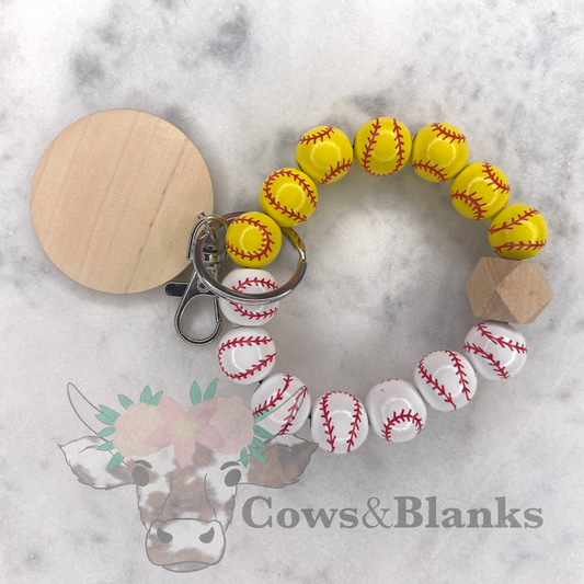 Sports: Baseball/Softball Combo Wooden Wristlet Bracelet Keychain
