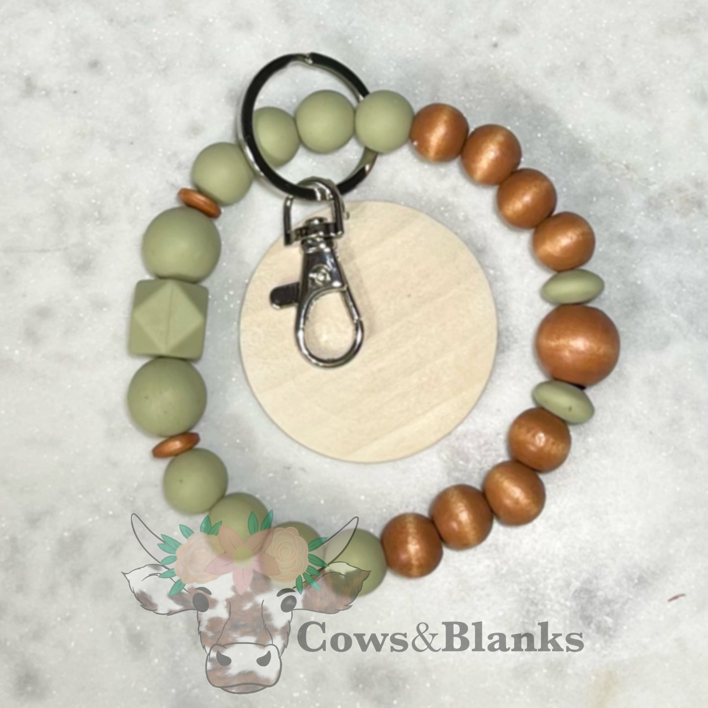BILAYERED WOOD BEADED STRETCH WRISTLET BRACELET WITH WOODEN DISC
