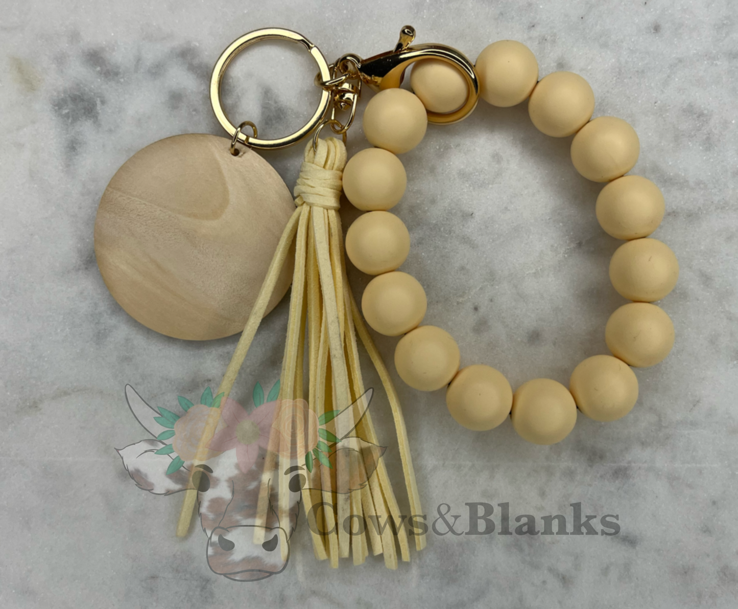 Solid Colored Silicone Wristlet Bracelet Keychain with Wooden Disc and Tassel