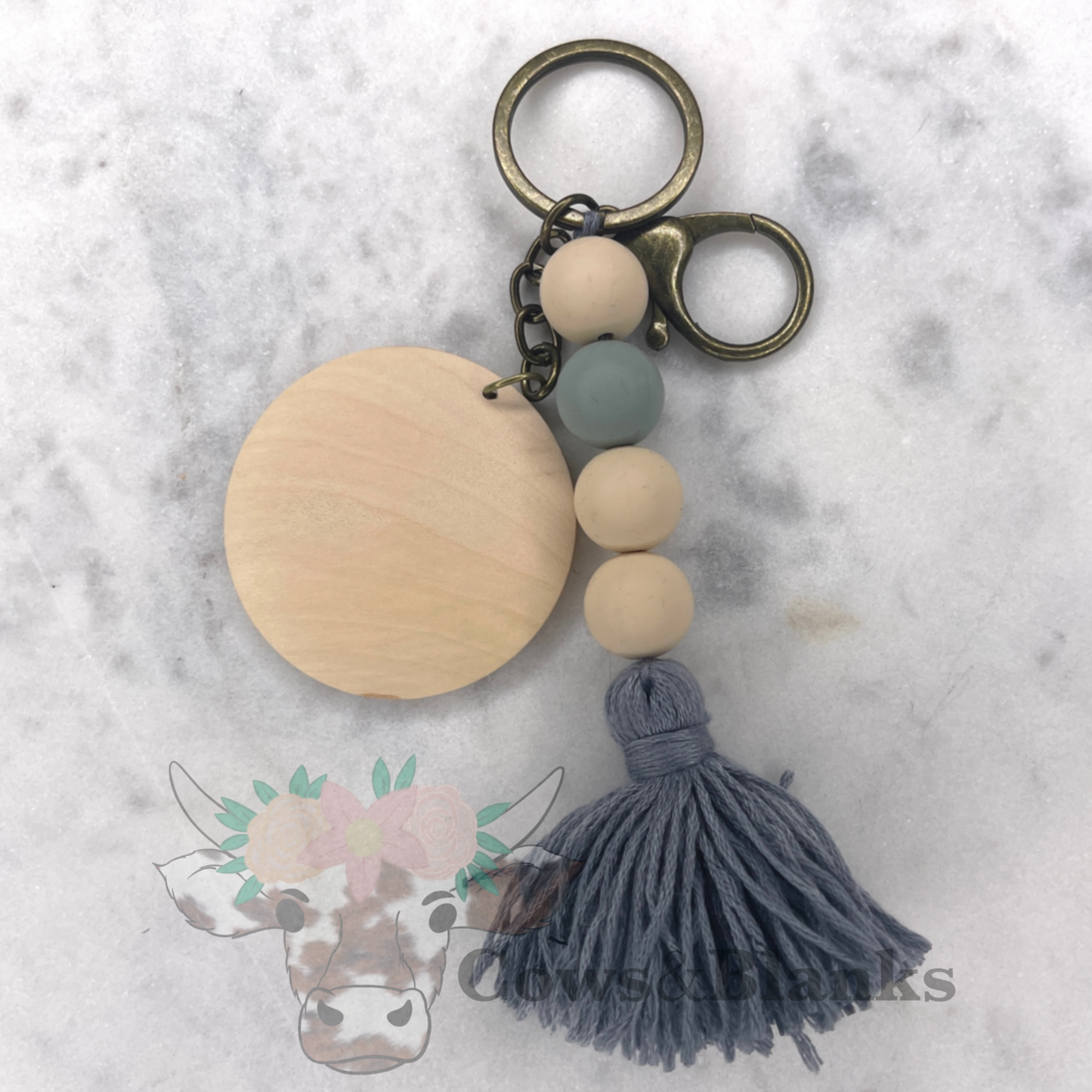 BOHO NATURAL BEADS KEYCHAIN WITH SILICONE BEADSWITH TASSEL WITH WOODEN DISC