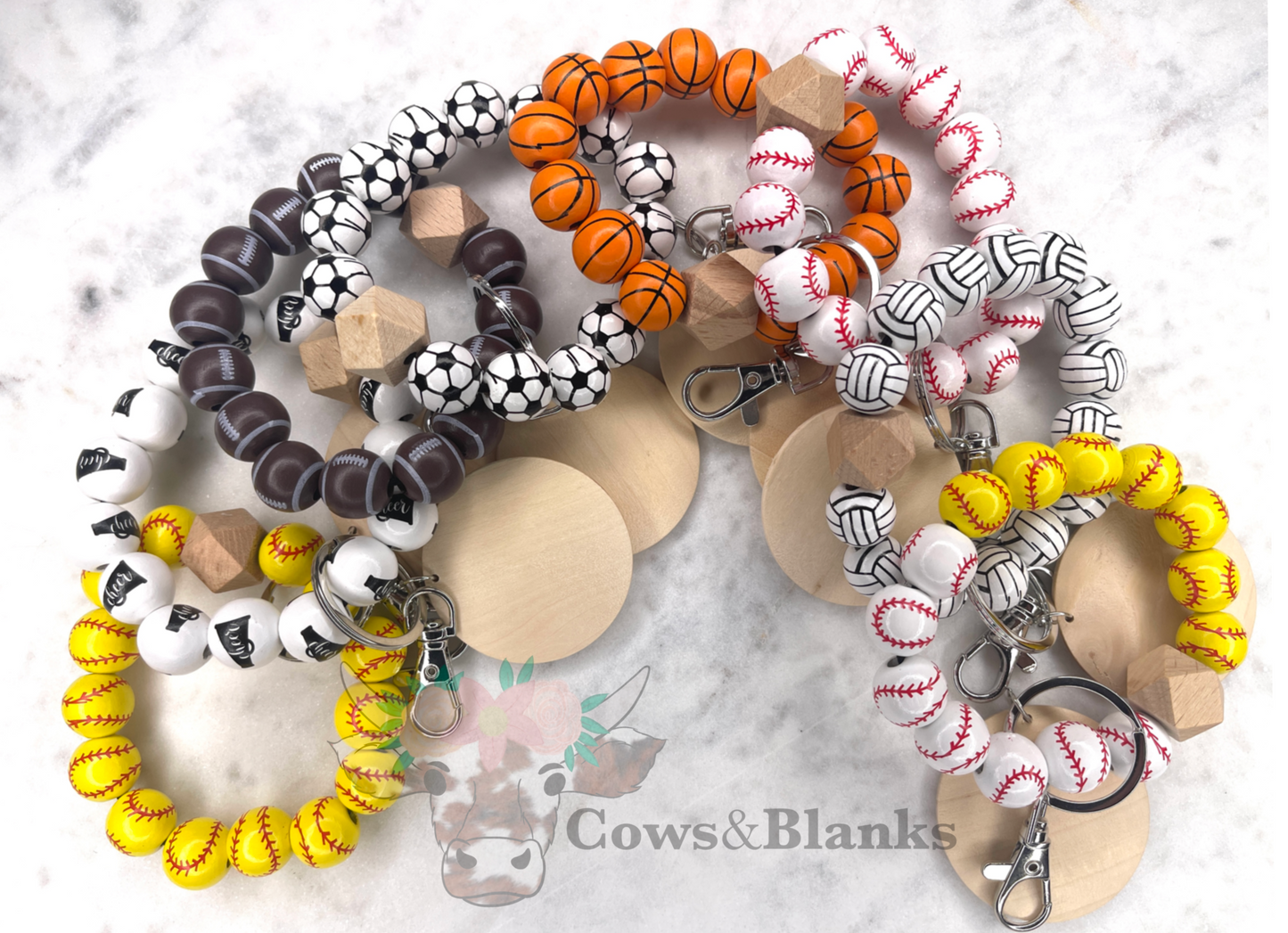 Sports: Soccer Balls Wooden Wristlet Bracelet Keychain