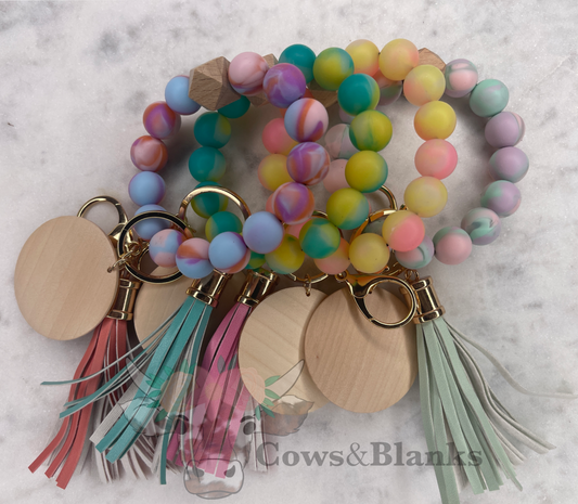Marbled Ombre Silicone Stretch Wristlet Bracelet Keychain with Wooden Disc and Tassel
