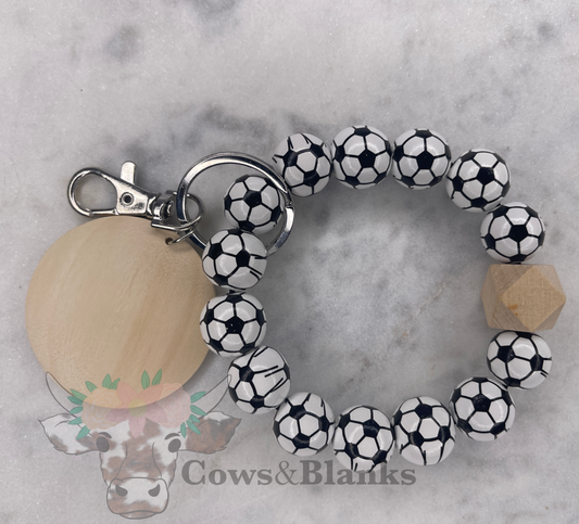 Sports: Soccer Balls Wooden Wristlet Bracelet Keychain