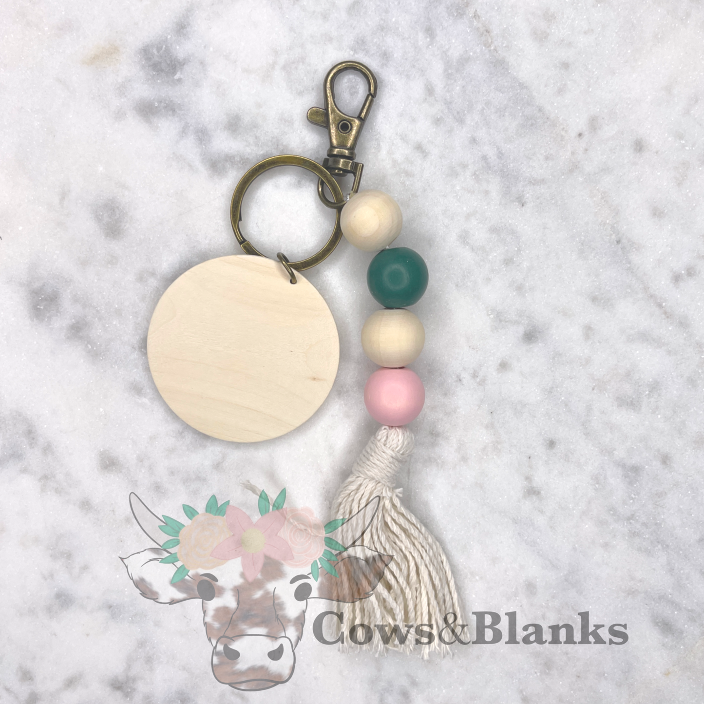 Boho Style Keychain Cream, Green and Pink with Tassel and Wooden Disc