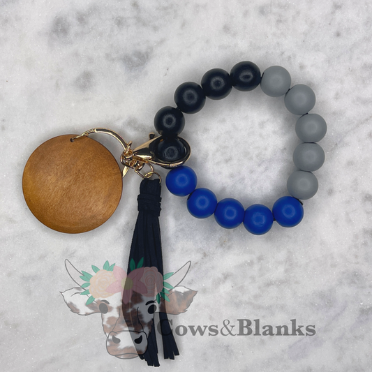 Police Officer, Correctional Officer, Black/Blue/Gray Wooden Bead Stretch Wristlet Bracelet Keychain With Wooden Disc and Tassel