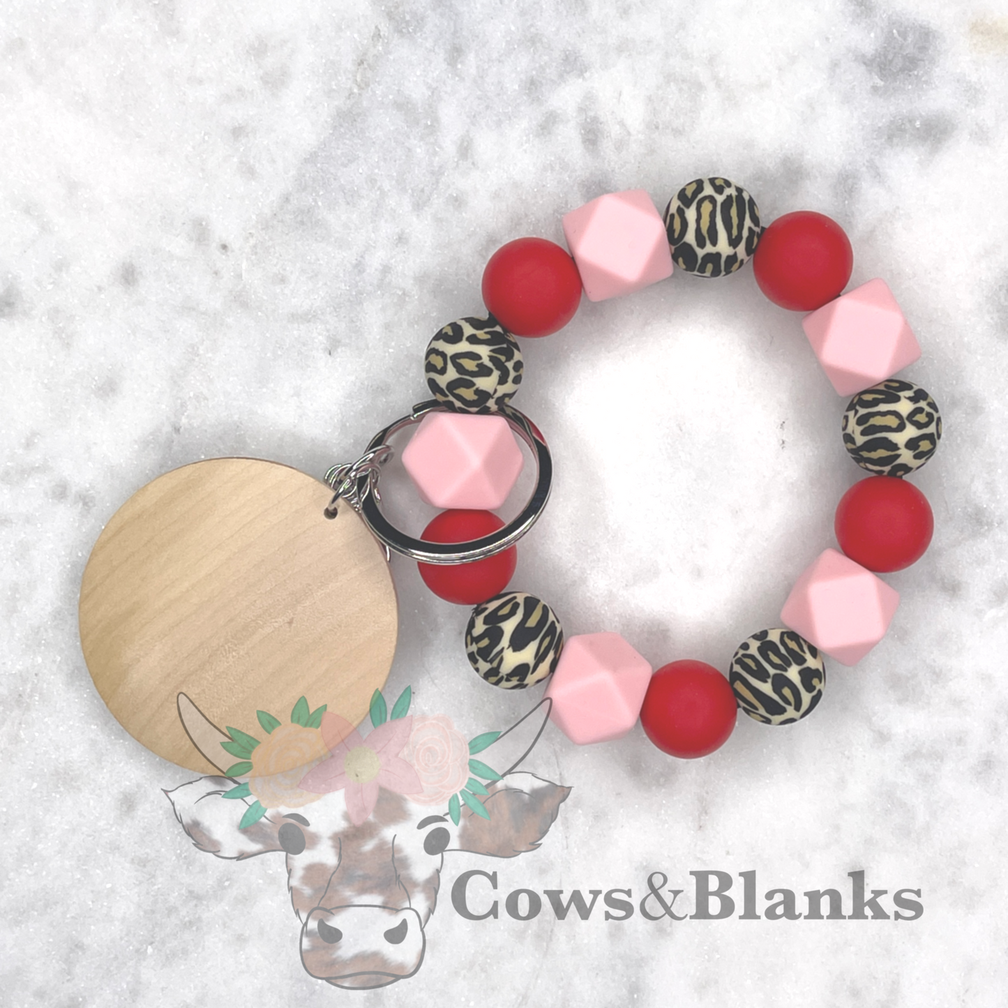 Leopard Pink and Red Silicone Stretch Wristlet Bracelet Keychain with Wooden Disc and Tassel