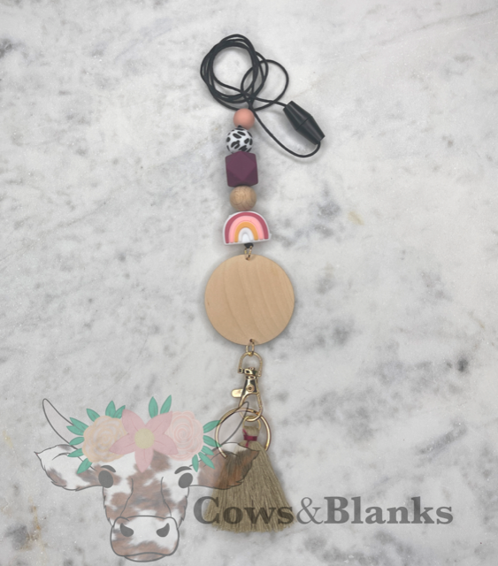 Rainbow Boho Silicone and Wooden Bead Breakaway Lanyard with Tassel and Disc
