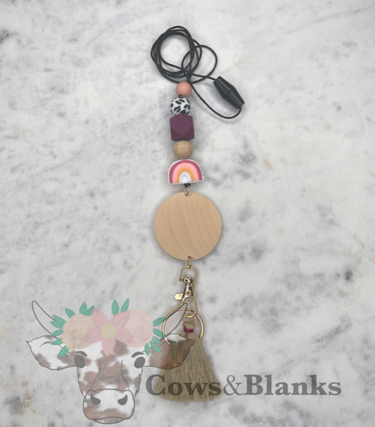 Rainbow Boho Silicone and Wooden Bead Breakaway Lanyard with Tassel and Disc
