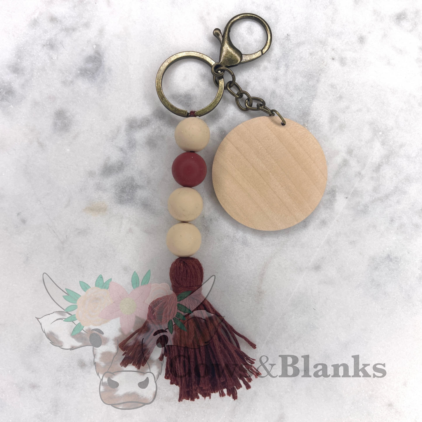 BOHO NATURAL BEADS KEYCHAIN WITH SILICONE BEADSWITH TASSEL WITH WOODEN DISC