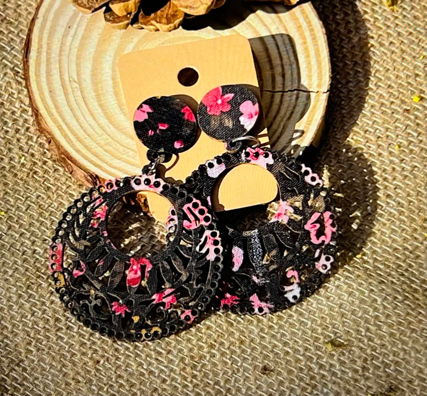 ER189 BOHEMIAN ETHNIC FABRIC PRINT WOOD EARRINGS