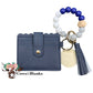 Wallet/Wristlet with Solid Navy Cardholder with a Dark Royal Blue, Gray, and White Marble Silicone Beaded Wristlet with a Wooden Accent Bead, Gold Hardware, Matching Tassel, and a Wooden Disc