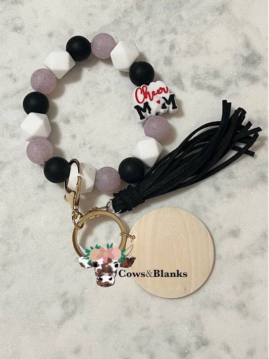 Cheer Mom Pendent Stretch Silicone Wristlet With Tassel and Wooden Disk