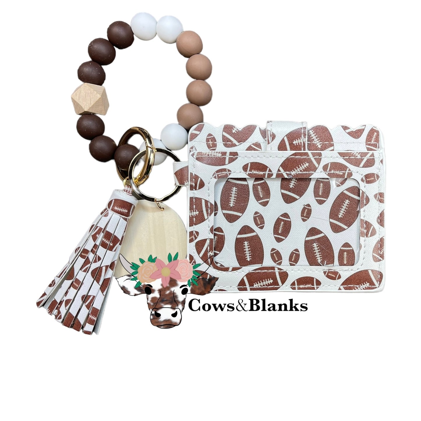 Wallet/Wristlet with White with Footballs Cardholder with a White, Chocolate, and Mocha Silicone Beaded Wristlet with a Wooden Accent Bead, Gold Hardware, Matching Tassel, and a Wooden Disc