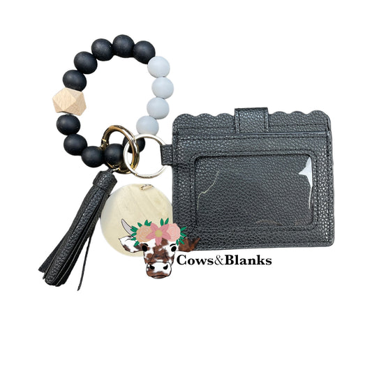 Wallet/Wristlet with Solid Black Cardholder and a Silicone White and Black Wristlet with Wooden Accent Bead