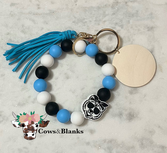 Mama Bear Stretch Silicone Wristlet Key Chain with Tassel and Wooden Disc