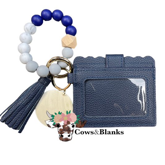 Wallet/Wristlet with Solid Navy Cardholder and a Silicone White and Navy Wristlet with Wooden Accent Bead