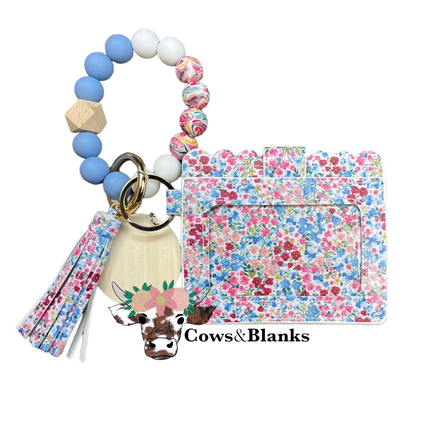 Wallet/Wristlet with A Springtime Flower Garden Cardholder and a Silicone White, Blue, and Floral Printed Beads Wristlet with Wooden Accent Bead, and a Wooden Disc With a Matching Tassel