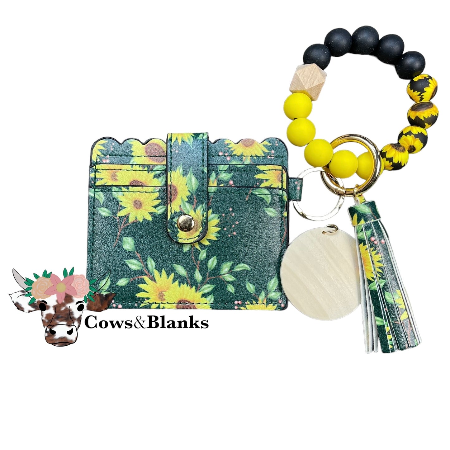 Wallet/Wristlet with Dark Green with Sunflowers Cardholder and a Black, Yellow, and Sunflower Silicone Beaded Wristlet with a Wooden Accent Bead, Gold Hardware, Matching Tassel, and a Wooden Disc
