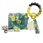 Wallet/Wristlet with Dark Green with Sunflowers Cardholder and a Black, Yellow, and Sunflower Silicone Beaded Wristlet with a Wooden Accent Bead, Gold Hardware, Matching Tassel, and a Wooden Disc