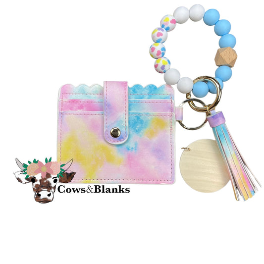 Wallet/Wristlet with Cotton Candy Cardholder with a White, Baby Blue, and White w/Hearts Silicone Beaded Wristlet with a Wooden Accent Bead, Gold Hardware, Matching Tassel, and a Wooden Disc
