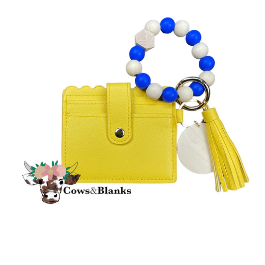 Wallet/Wristlet with Solid Sunny Yellow Cardholder and a Blue and White Silicone Beaded Wristlet with  a Wooden Accent Bead