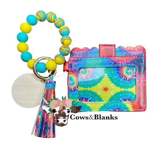 Wallet/Wristlet with Tie Die Cardholder and a Yellow, Turquoise, and Spiraled Turquoise/Yellow Silicone Beaded Wristlet with Matching Tassel