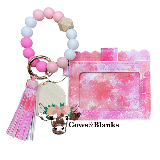 Wallet/Wristlet with Various Shades of Pink Flowers Cardholder and a Silicone White, Bright Pink, and Light Pink Beaded Wristlet with Wooden Accent Bead and Matching Tassel