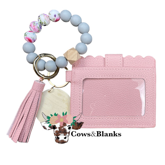 Wallet/Wristlet with Solid Pink Cardholder and a Silicone Soft Blue and Pink Floral Beaded Wristlet with  a Wooden Accent Bead