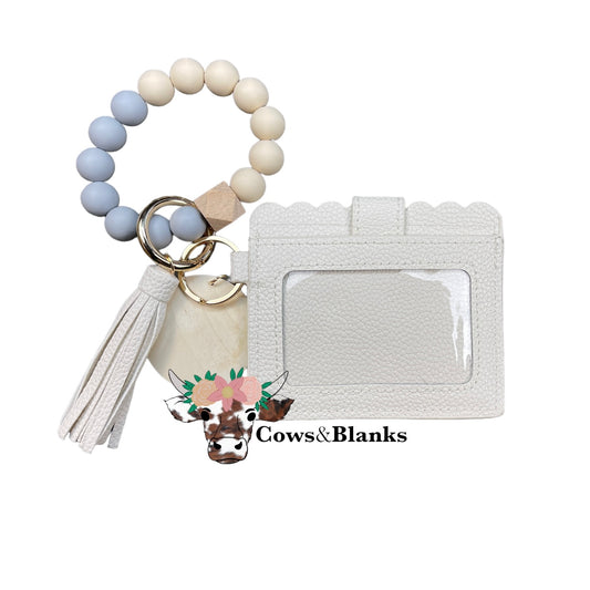 Wallet/Wristlet with Rich Eggshell Cardholder with a Dark Eggshell and Gray Silicone Beaded Wristlet with a Wooden Accent Bead, Gold Hardware, Matching Tassel, and a Wooden Disc