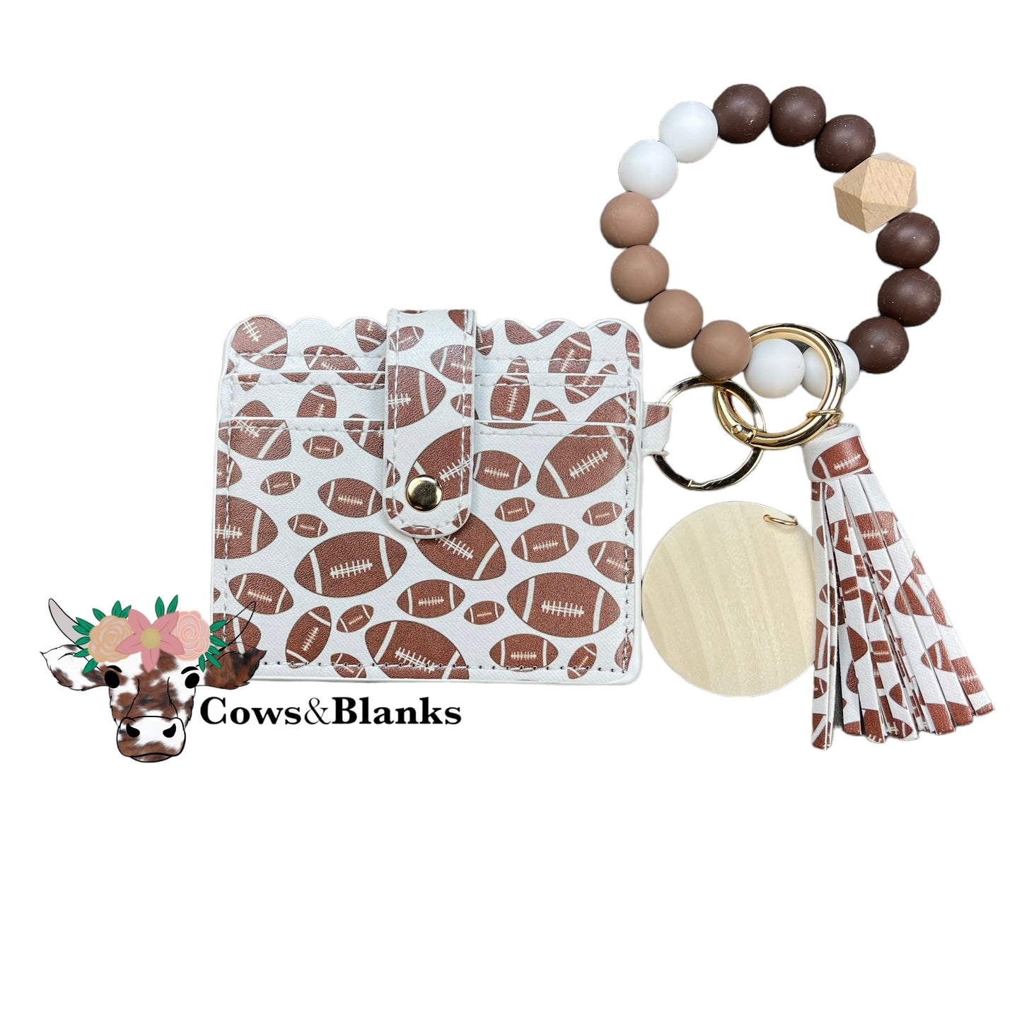 Wallet/Wristlet with White with Footballs Cardholder with a White, Chocolate, and Mocha Silicone Beaded Wristlet with a Wooden Accent Bead, Gold Hardware, Matching Tassel, and a Wooden Disc