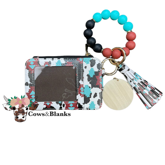 Wallet/Wristlet with Black, Rust, White and Turquoise Aztec Style Cardholder with a Black, Rust, and Turquoise Silicone Beaded Wristlet with a Wooden Accent Bead, Gold Hardware, Matching Tassel, and a Wooden Disc