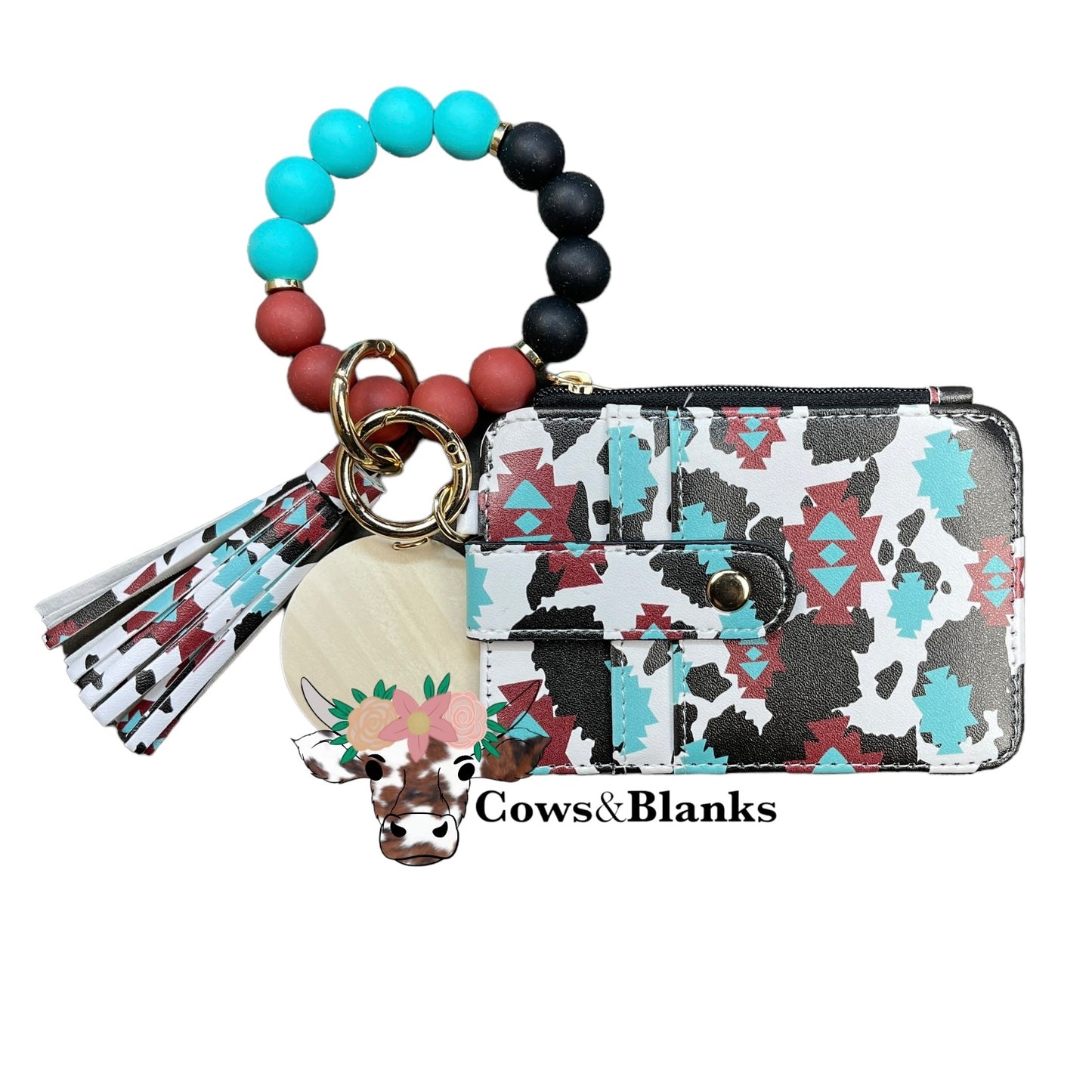 Wallet/Wristlet with Black, Rust, White and Turquoise Aztec Style Cardholder with a Black, Rust, and Turquoise Silicone Beaded Wristlet with a Wooden Accent Bead, Gold Hardware, Matching Tassel, and a Wooden Disc