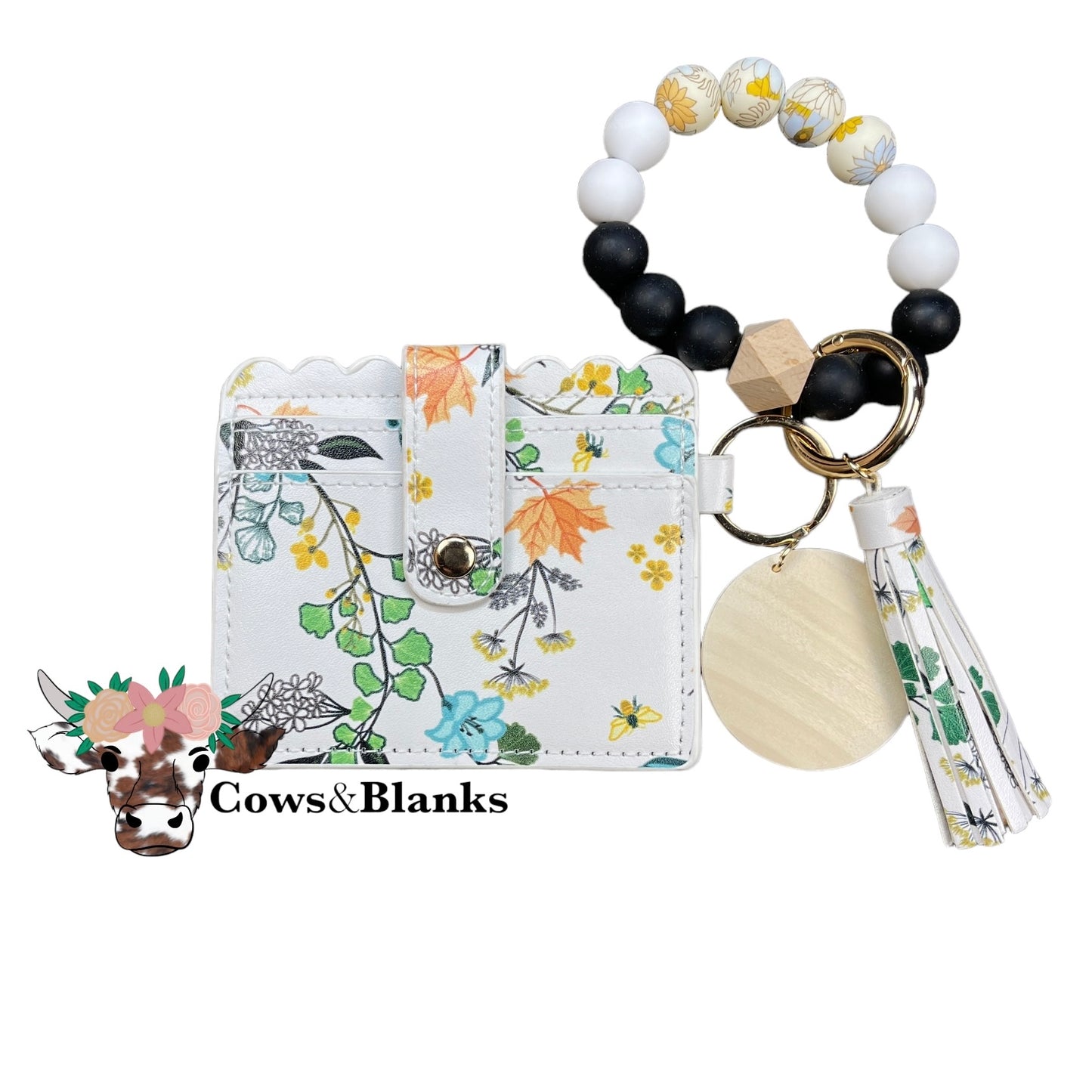 Wallet/Wristlet with White with Spring Flowers Cardholder with a Black, White, and Spring Flower Silicone Beaded Wristlet with Gold Hardware, Matching Tassel, and a Wooden Disc