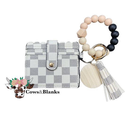 Wallet/Wristlet with Black and White Tweed-Style Checkered Cardholder with a Black, Tan, and Sand Colored Silicone Beaded Wristlet with a Wooden Accent Bead, Gold Hardware, Matching Tassel, and a Wooden Disc