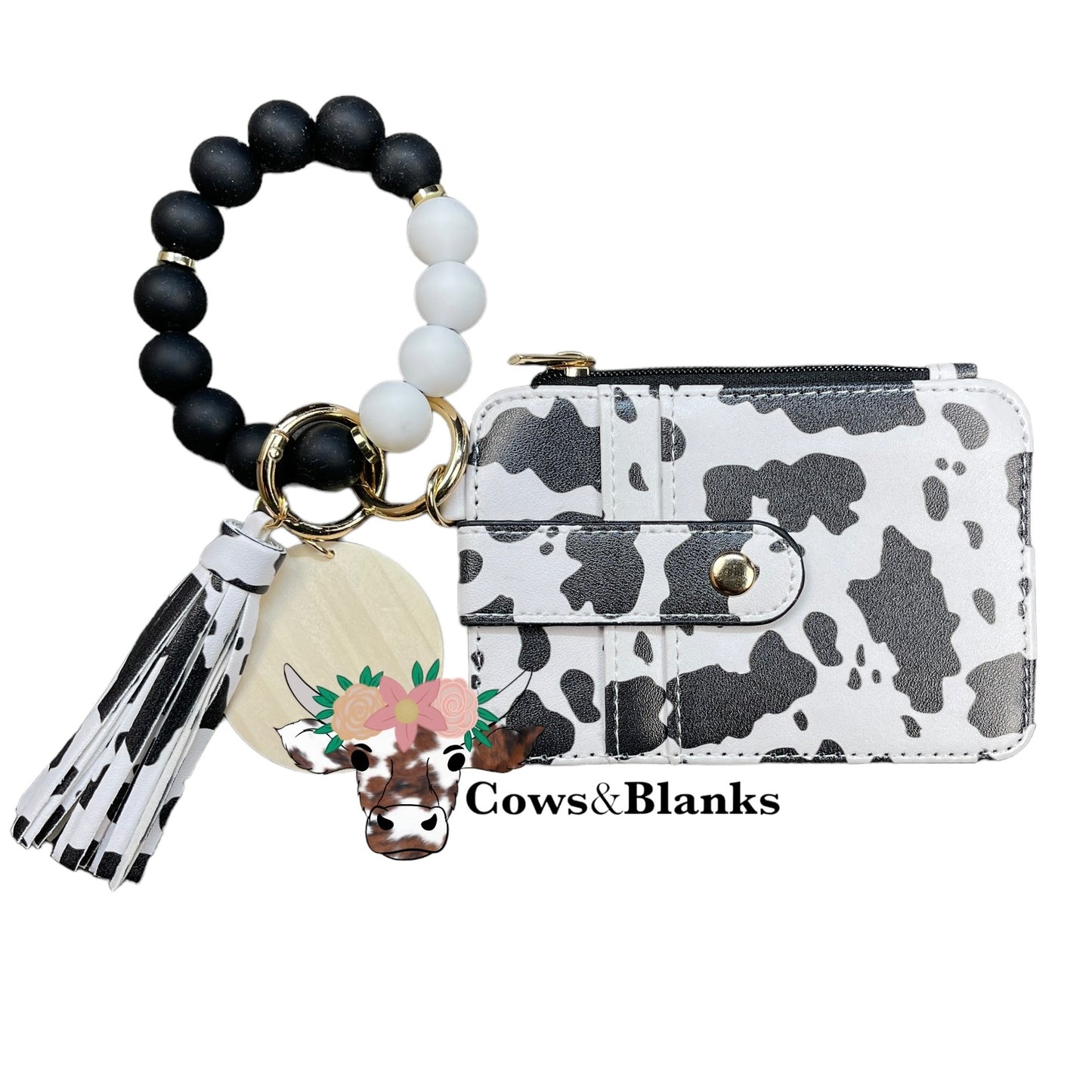 Wallet/Wristlet with Black and White Cow Print Cardholder with a Black and White Silicone Beaded Wristlet with Gold Hardware, Matching Tassel, and a Wooden Disc