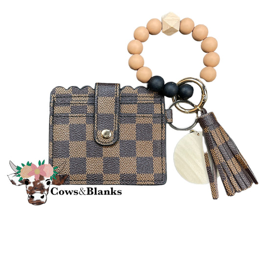 Wallet/Wristlet with Black and Chocolate Tweed-Style Checkered Cardholder with a Black and Mocha Colored Silicone Beaded Wristlet with a Wooden Accent Bead, Gold Hardware, Matching Tassel, and a Wooden Disc