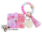 Wallet/Wristlet with Various Shades of Pink Flowers Cardholder and a Silicone White, Bright Pink, and Light Pink Beaded Wristlet with Wooden Accent Bead and Matching Tassel