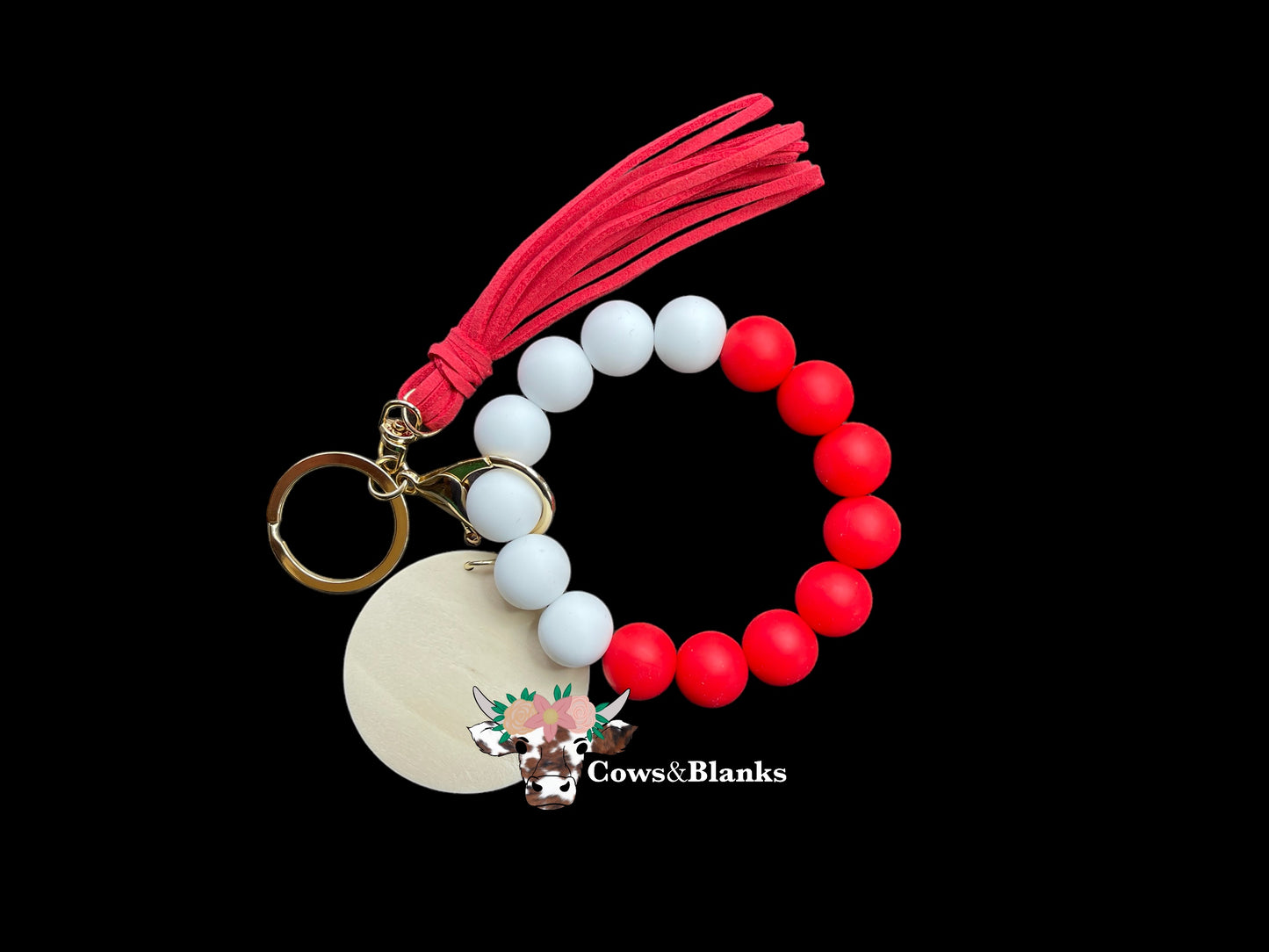 Yin and Yang Red and White Silicone Stretch Wristlet Bracelet Keychain with Wooden Disc and Red Tassel