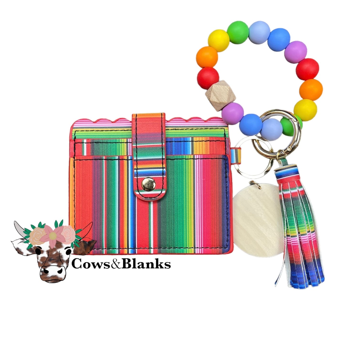 Wallet/Wristlet with Cinco de Mayo-colored Cardholder with a Multi-Colored Silicone Beaded Wristlet with a Wooden Accent Bead, Gold Hardware, Matching Tassel, and a Wooden Disc