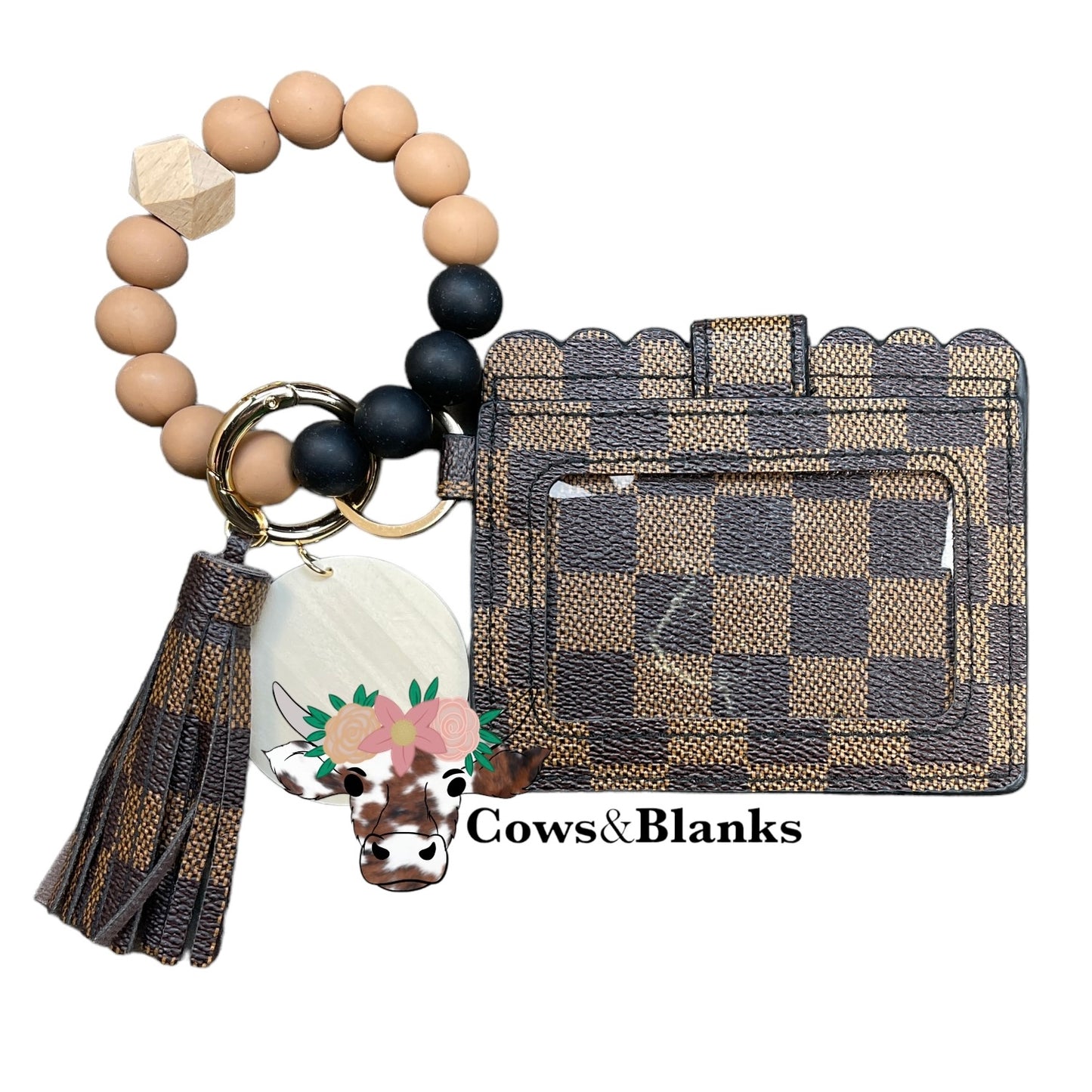 Wallet/Wristlet with Black and Chocolate Tweed-Style Checkered Cardholder with a Black and Mocha Colored Silicone Beaded Wristlet with a Wooden Accent Bead, Gold Hardware, Matching Tassel, and a Wooden Disc