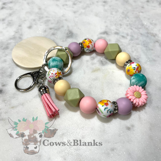 Pink Daisy Pastel Beaded Stretch Wristlet Bracelet  Keychain with Wooden Disc and Tassel