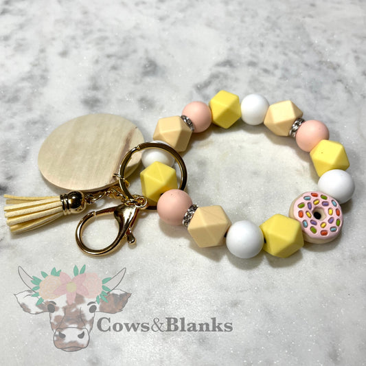 Doughnut Silicone Beaded Stretch Wristlet Bracelet  Keychain with Wooden Disc and Tassel