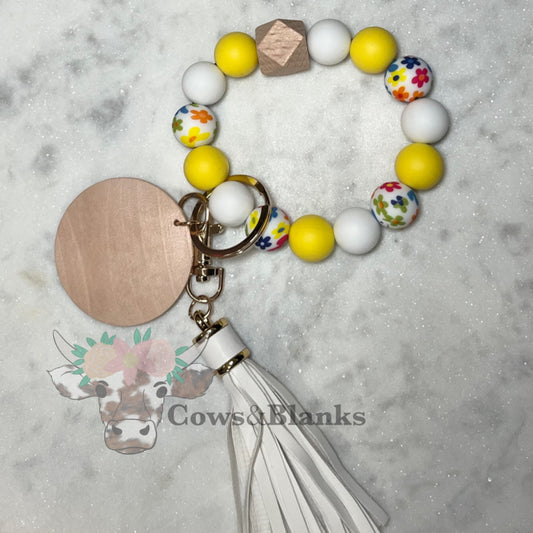 Happy Flowers  with Bright Yellow and White Accent Beaded Stretch Wristlet Bracelet Keychain with Wooden Disc and Bead