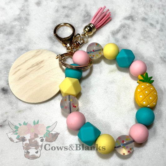 Pineapple Summer Fun Silicone Beaded Stretch Wristlet Bracelet  Keychain with Wooden Disc and Tassel